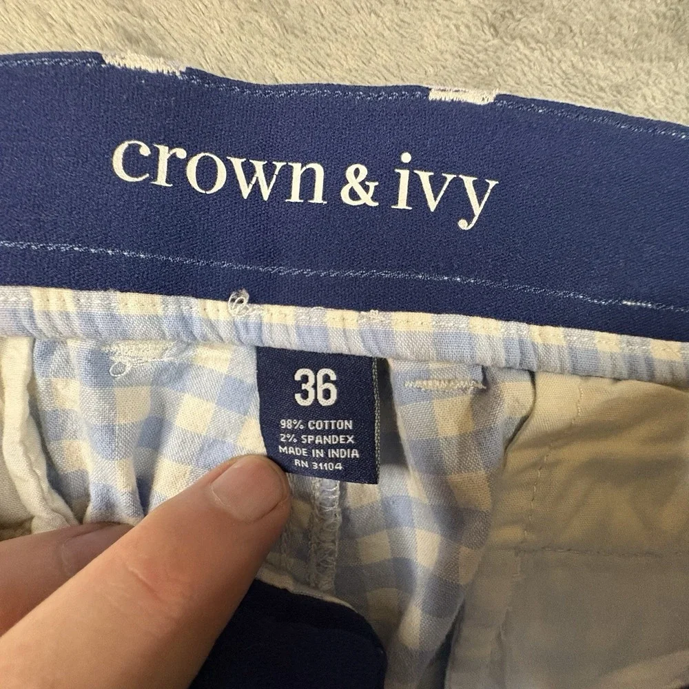 Crown & Ivy Men's 36.5 Blue & White Gingham Check Shorts Stretch Preppy Casual